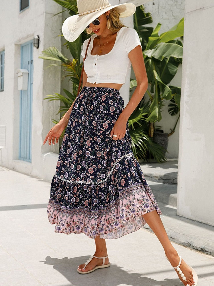 Boho Retro Floral Print Skirts Women High Waist A-Line