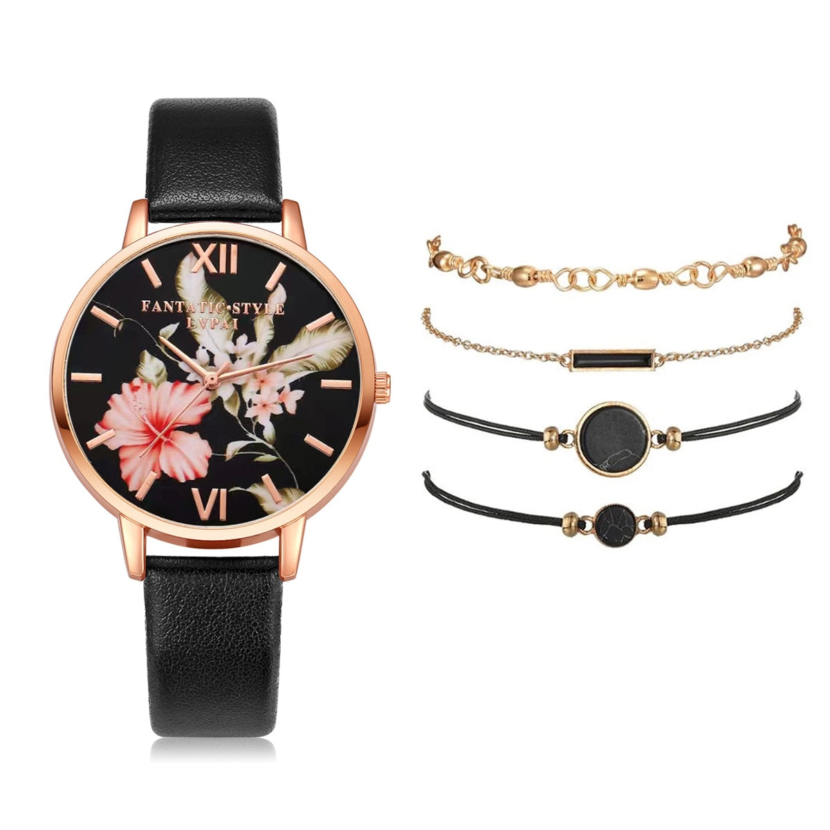 Watch Set Women 5pcs Woman Quartz Wristwatch Leather Ladies Bracelet