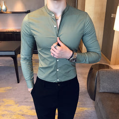 Mens Stand-up Collar Casual Business Long-sleeved Slim Casual Shirt