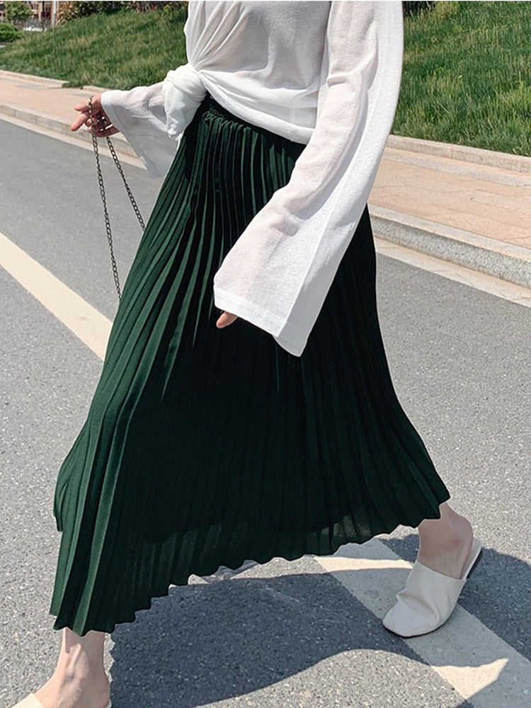 Fashion Pleated Midi Long Skirt Koran Casual High Waist Skirts