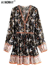 Crane Floral Print Long Sleeve Beach Bohemian Mini Dresses