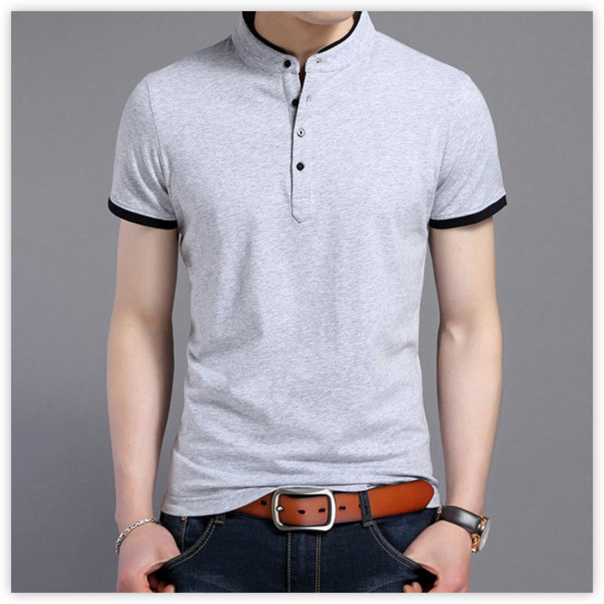 Men’s Pure Tshirts Collar Long Sleeve Comfy Shirt Single-breasted Soft