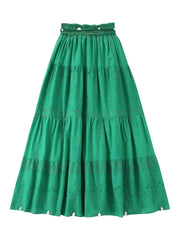 BOHO Green Embroidery Hollow Out Hole Flower Midi Long Skirt