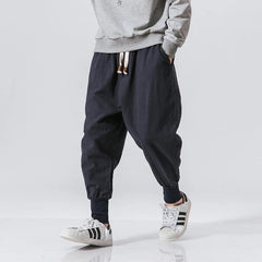 Linen Pants Men Waist Joggers Baggy Drop-crotch Pants Casual Trousers