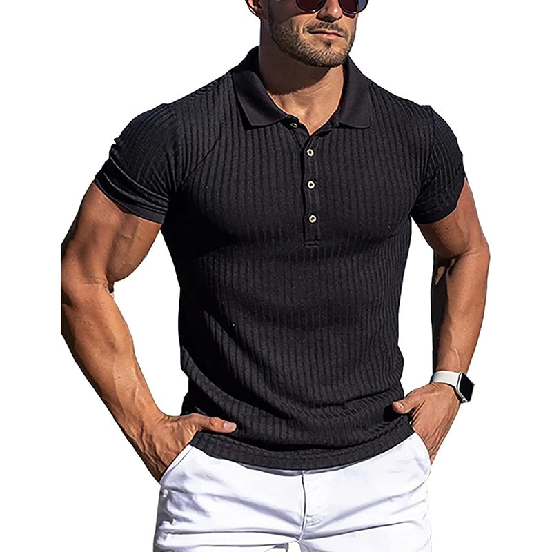 Turn-Down Collar Men Button T-shirt Short Sleeved Stripe Fitness Yoga Top