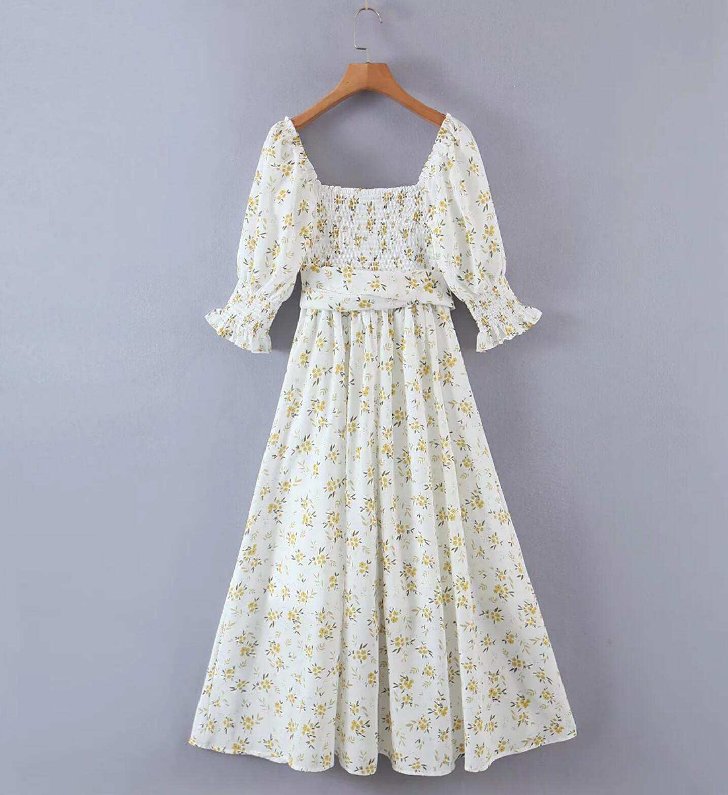 Retro Leaves Floral Print Cross Bandage Tie Bow Front Swing Dress