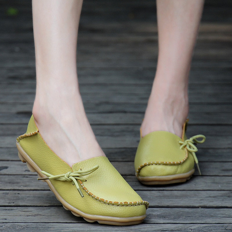 Flats Shoes Loafers Leather Female Slip on Ballet Bowtie Low-top