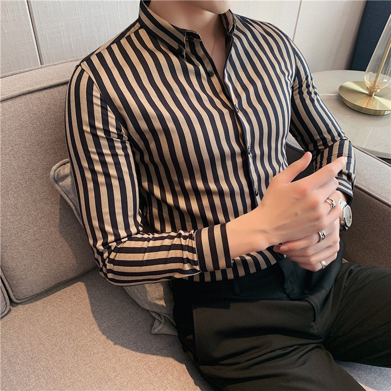 Shirts Men Dress Vertical Stripe Streetwear Slim Shirt Casual Long Sleeve Shirt