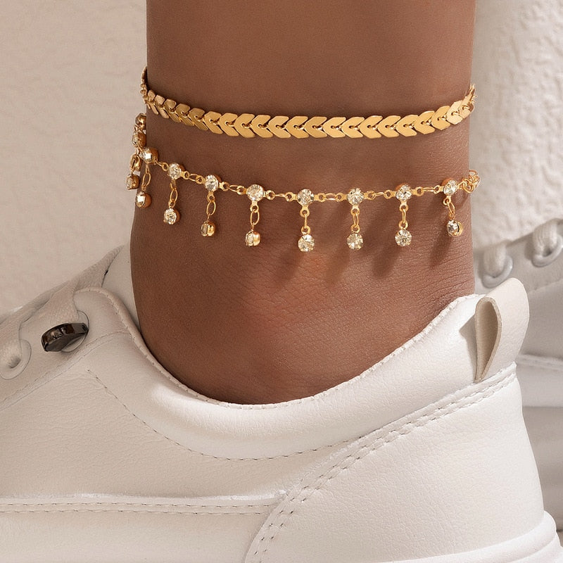 Boho Anklet Foot Chain Summer Bracelet Tassel Star Crystal