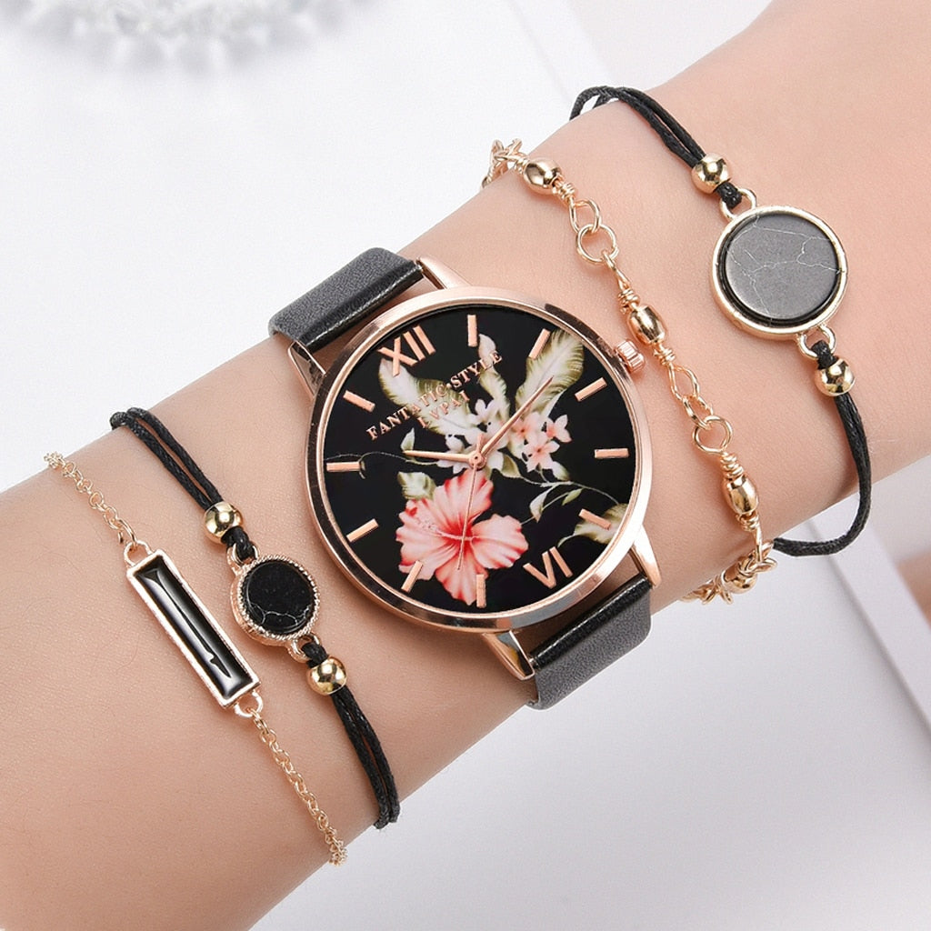 Watch Set Women 5pcs Woman Quartz Wristwatch Leather Ladies Bracelet