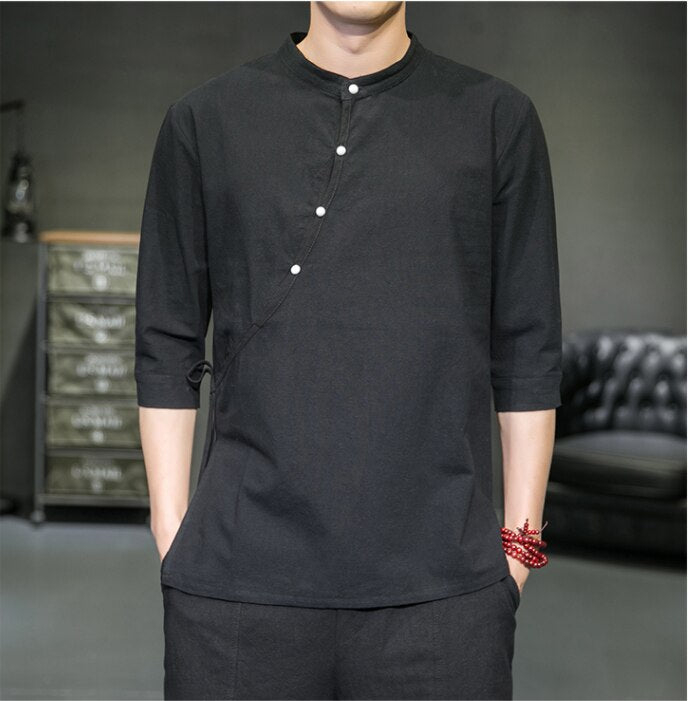 Mens Chinese Style Shirt Linen Tang Suit Stand-Up Collar tops