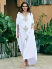 Elegant Gold Embroidered Kaftan Retro V-neck White Dress