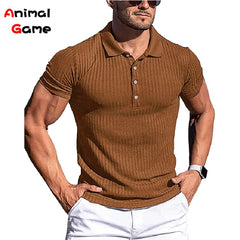 Turn-Down Collar Men Button T-shirt Short Sleeved Stripe Fitness Yoga Top