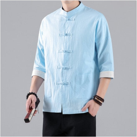 Chinese Style Mens Tops Tang Suit Linen Half Sleeve Solid