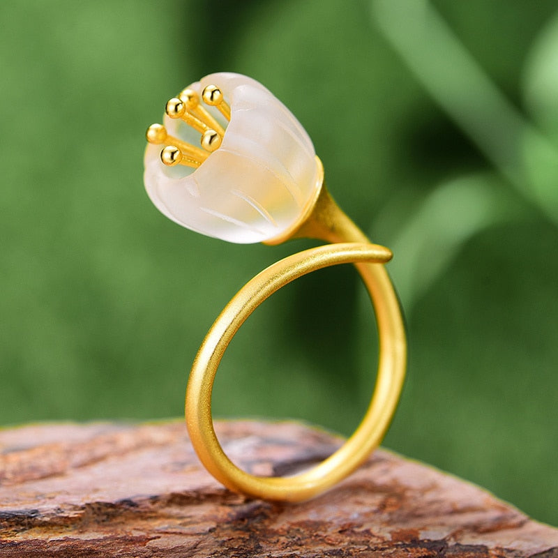 Lotus Fun Real Sterling Silver Gold Ring Natural Crystal Handmade Fine Jewelry