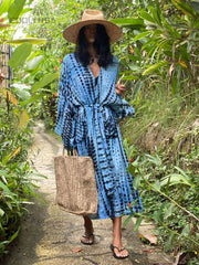 Blue Bohemian Tie dye Striped Bikini Cover-ups Long Tunic