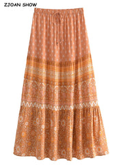 BOHO Orange Flower Print Long Skirt Spliced Ruched Ruffle