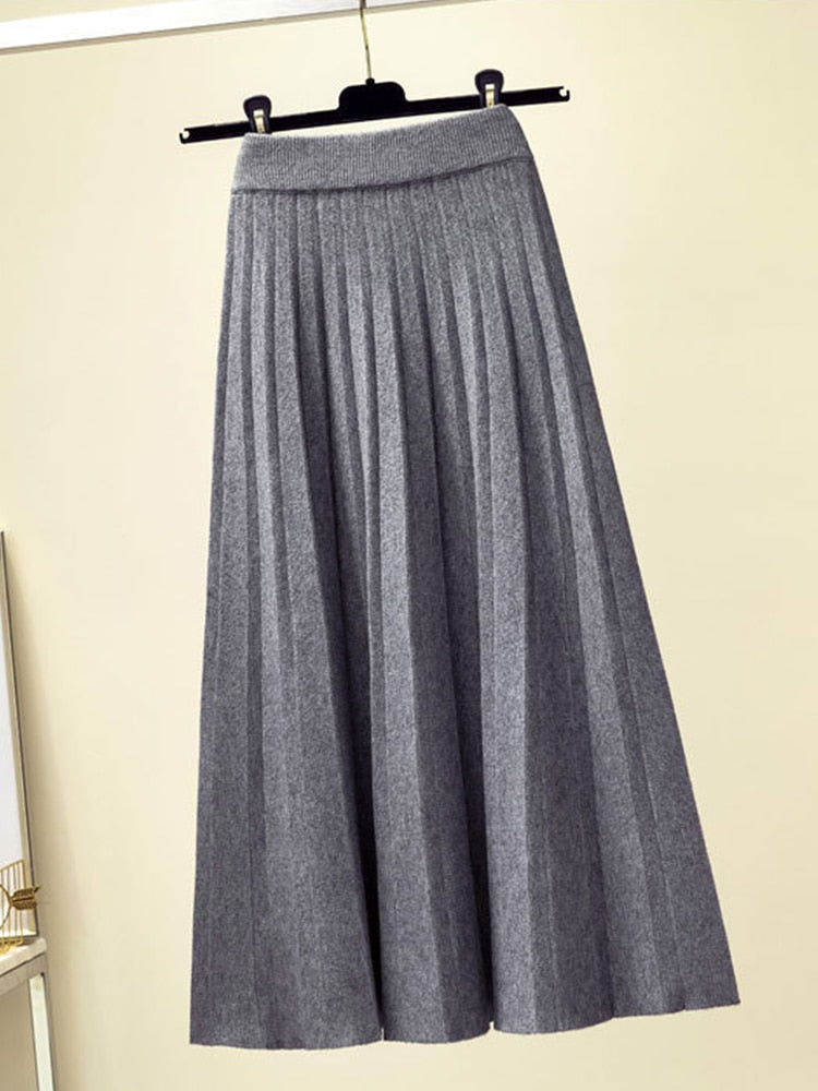 Fashion Knitted Midi Long Pleated Skirt Women