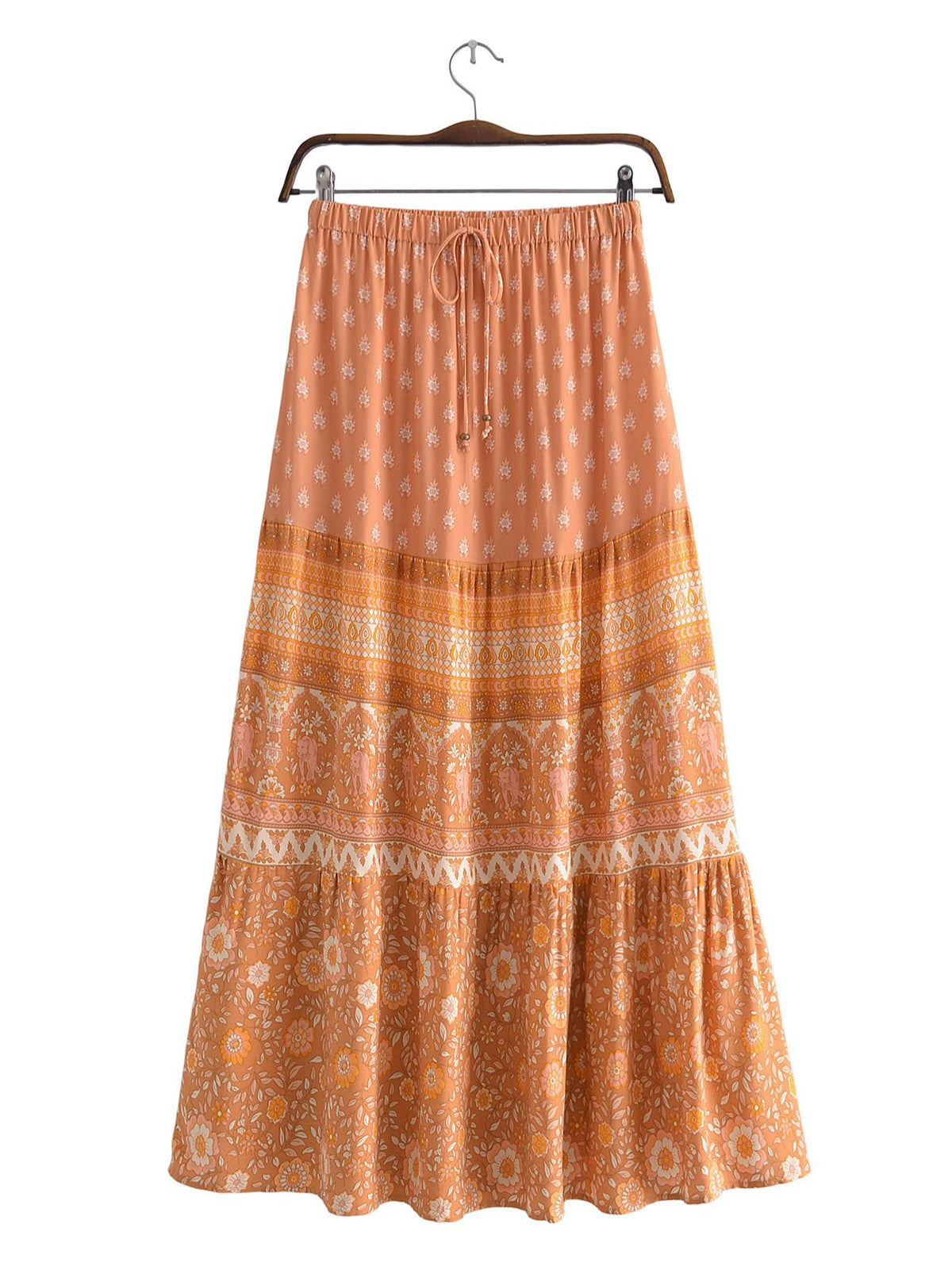 BOHO Orange Flower Print Long Skirt Spliced Ruched Ruffle