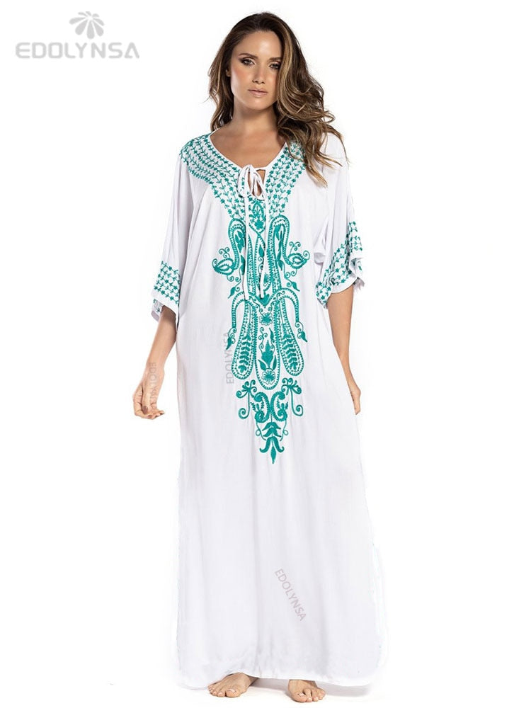 Embroidery Cotton Beach Kaftan Cover up Saida de Praia Swimsuit