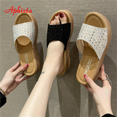 Crystals Summer 6cm Grain Wedge Heels Slippers