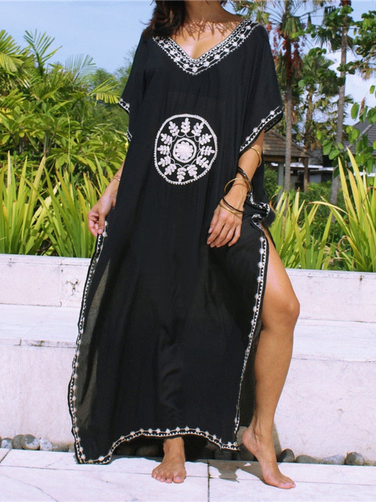 Embroidery Cotton Beach Kaftan Cover up Saida de Praia Swimsuit