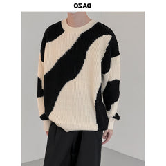 O-Neck Knit Sweater Men Cow Patchwork Pullover Men Loose Sweater