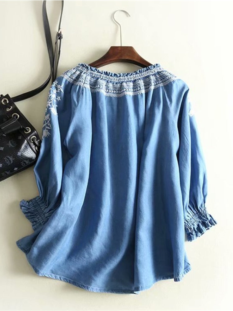 Vintage Chic Floral Embroidery Bohemian Denim Cotton Blouse