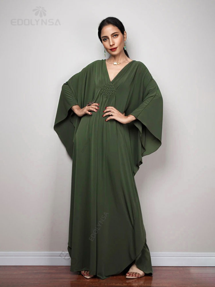 Solid V-neck Batwing Sleeve Plus Size Loose Maxi Dress