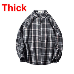 Men Color Block Plaid Shirt Streetwear Fleece Shirts Long Sleeve