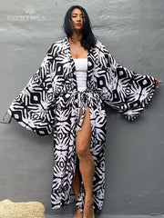 Bohemian Printed Bikini Cover-ups Elegant Self Belted Kimono Dress