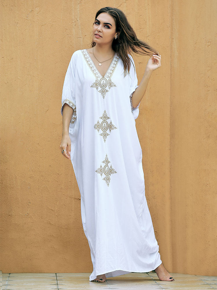 Elegant Gold Embroidered Kaftan Retro V-neck White Dress