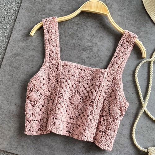 knitted crop tops spaghetti strap tank top women floral print