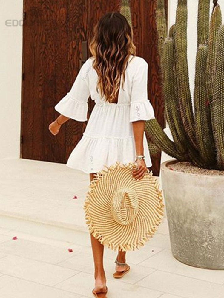 V-Neck Summer Beach Dress White Tunic Women Beachwear