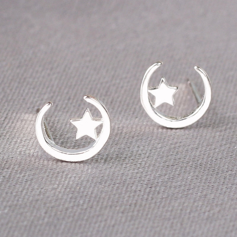 Silver Needles Lovely Mini Stud Earrings Women Cute Heart Star Moon