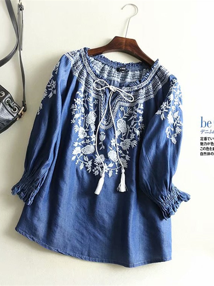 Vintage Chic Floral Embroidery Bohemian Denim Cotton Blouse