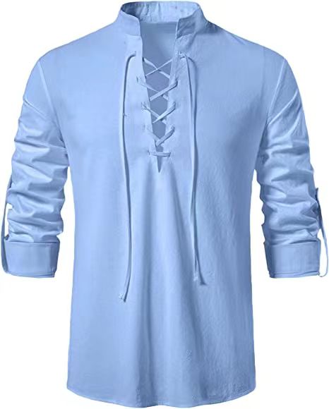 Men V-neck shirt T-shirt Thin Long Sleeve Top Breathable Front Lace Up Shirts