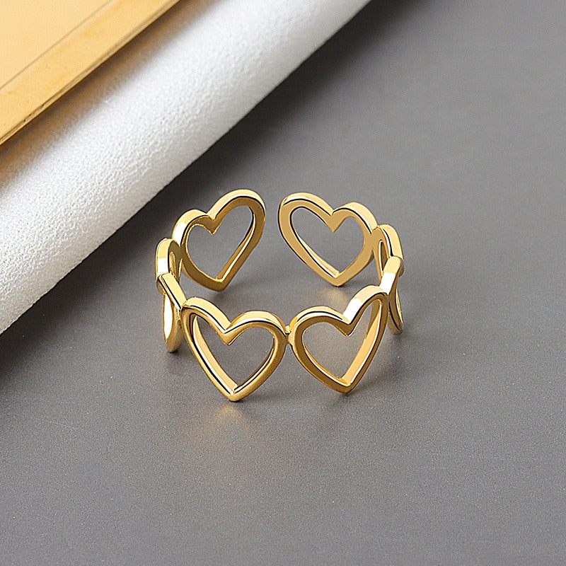 Heart Hollowout Sterling Silver Ring Romantic Unisex Gold Jewelry