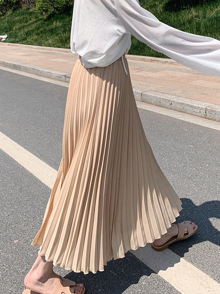 Fashion Pleated Midi Long Skirt Koran Casual High Waist Skirts