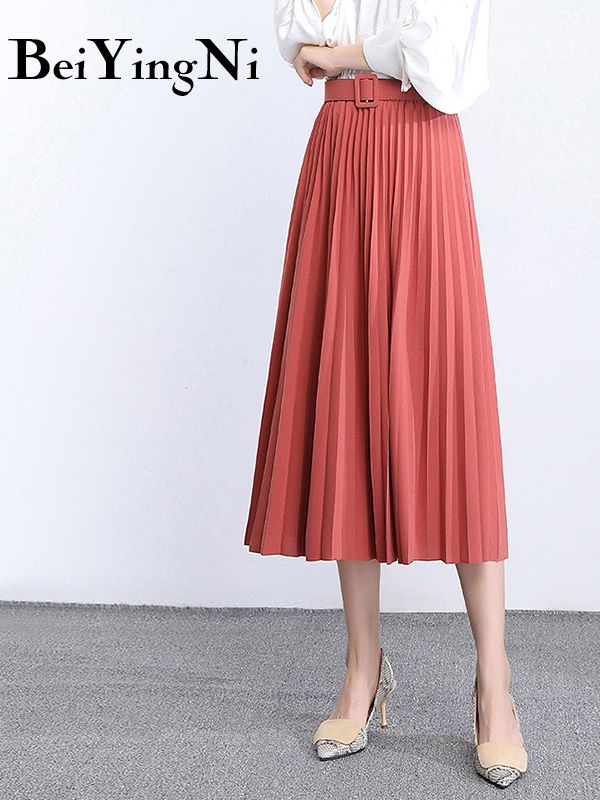 High Waist Women Skirt Casual Vintage Solid Belted Pleated Midi Skirts