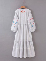 Vintage Chic Women Striped Floral Embroidery Wrist Sleeve Beach Dress