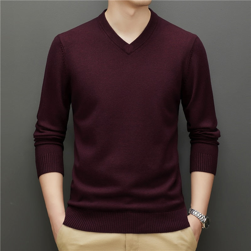 Men V-neck Thick Sweater Business Warm Knit Pullover Classic