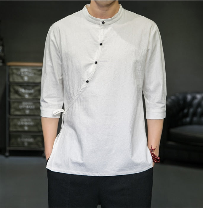 Mens Chinese Style Shirt Linen Tang Suit Stand-Up Collar tops