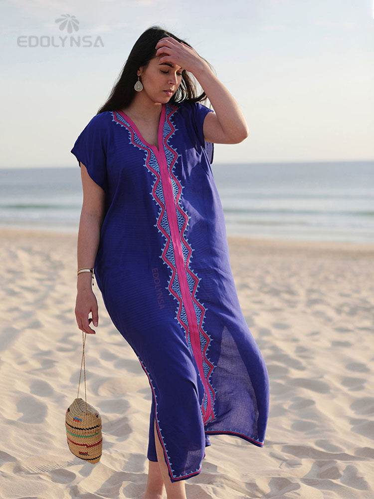 Embroidery Cotton Beach Kaftan Cover up Saida de Praia Swimsuit