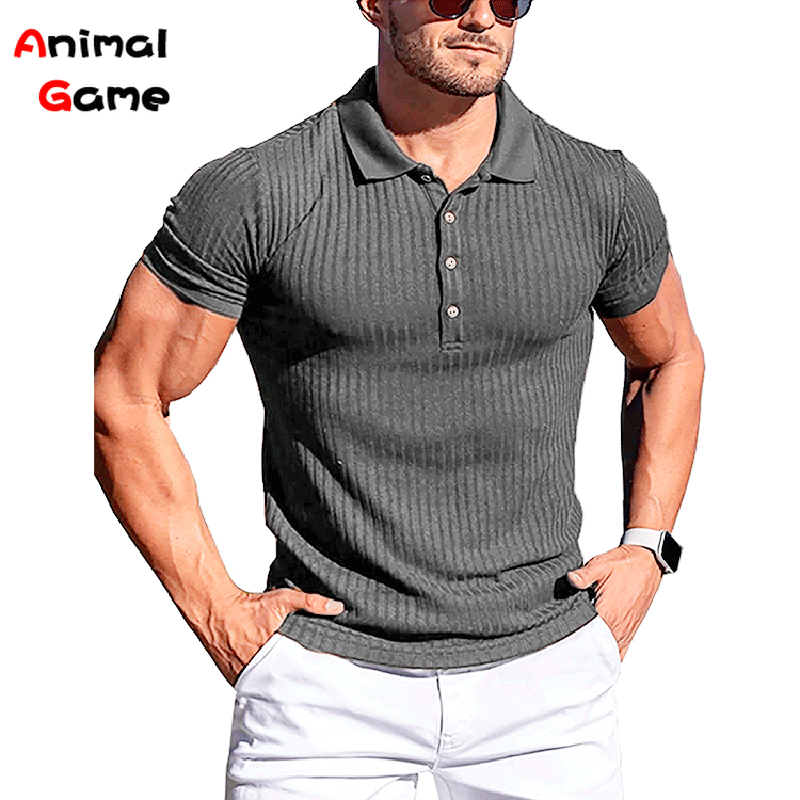 Turn-Down Collar Men Button T-shirt Short Sleeved Stripe Fitness Yoga Top