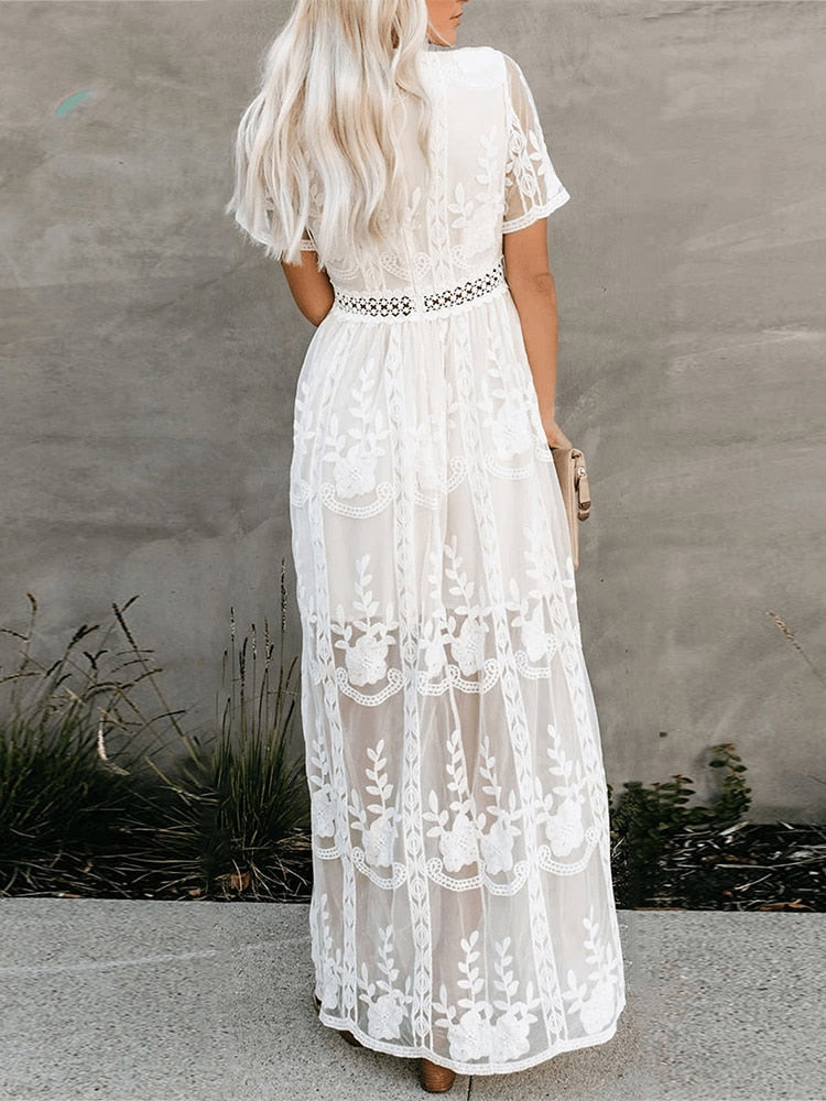 Boho Women Maxi Dress Loose Embroidery White Lace long