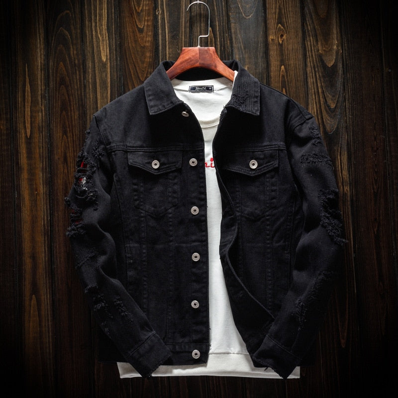 Mens Jacket Slim Fit Punk Style Hip Hop Denim Hole Jackets