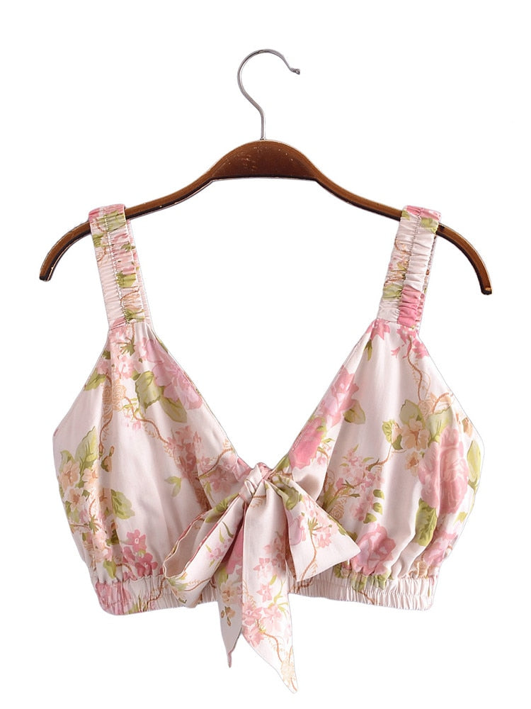 BOHO Bow Tide V neck Pink Floral Print Camisole Summer Corset Crop Top