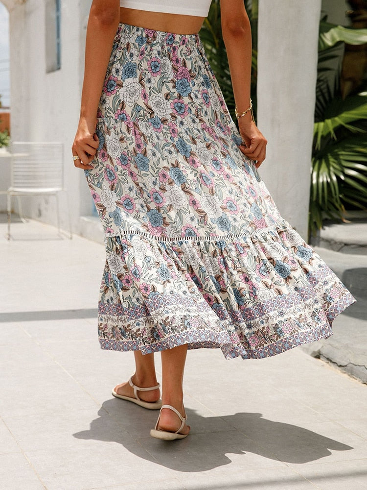 Boho Long Floral Printed Vintage Beach Holiday A Line Skirts