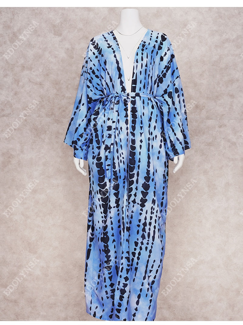 Blue Bohemian Tie dye Striped Bikini Cover-ups Long Tunic